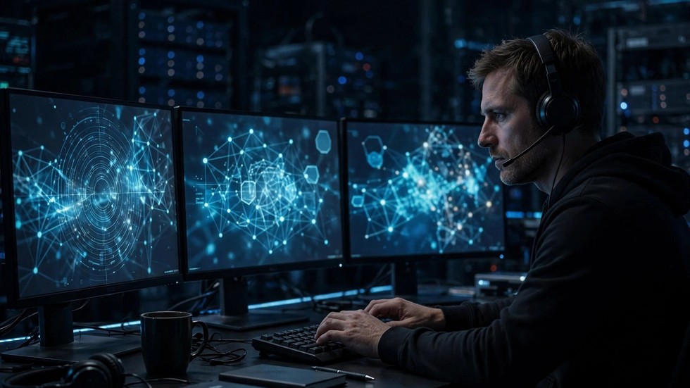 Cybersikkerhed 2026: sikkerhedsekspert bag skærme som billede på cybersikkerhed