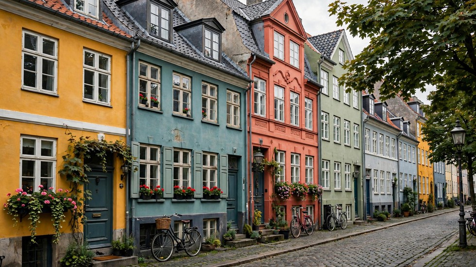 Boligmarkedet Danmark 2026: farverige huse i et københavnsk boligkvarter