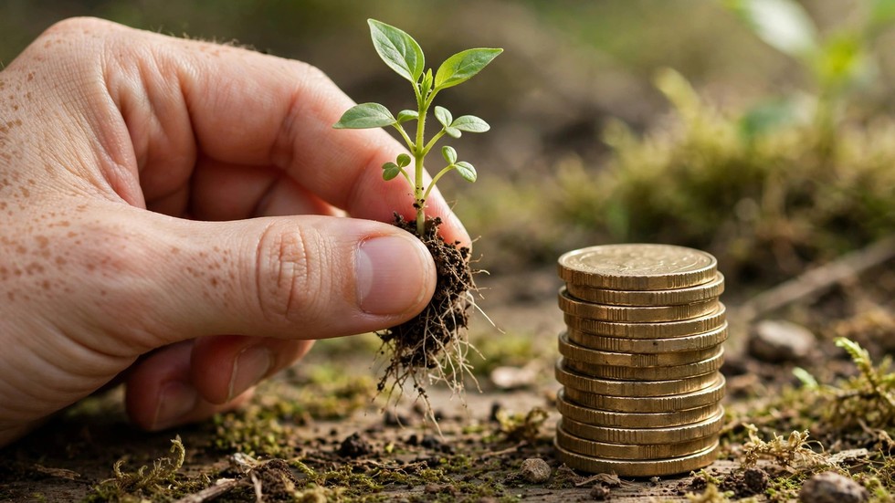 Bæredygtige investeringer 2026: hånd med plante og mønter som symbol på bæredygtige investeringer