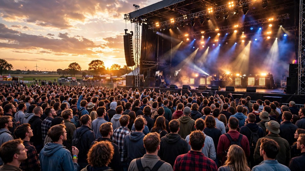 Menneskemængde ved solnedgang på dansk musikfestival