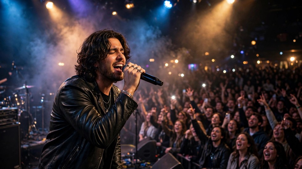 Kunstner på scenen foran jublende publikum til koncert