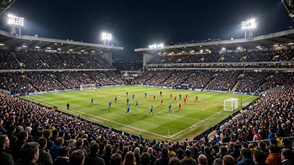 Fyldt fodboldstadion under en Superligakamp om aftenen