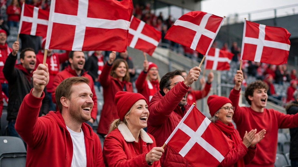 Danske fodboldsupportere med røde og hvide flag på stadion