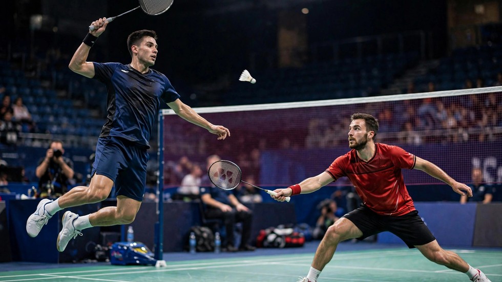 Badmintonspillere i aktion under professionel kamp